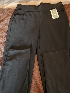 Black Knit Fur Lined Pull-On Pants with Front Patch Pockets